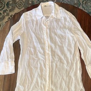 Zara White Linen Longline Button-Up‎ Shirt – S